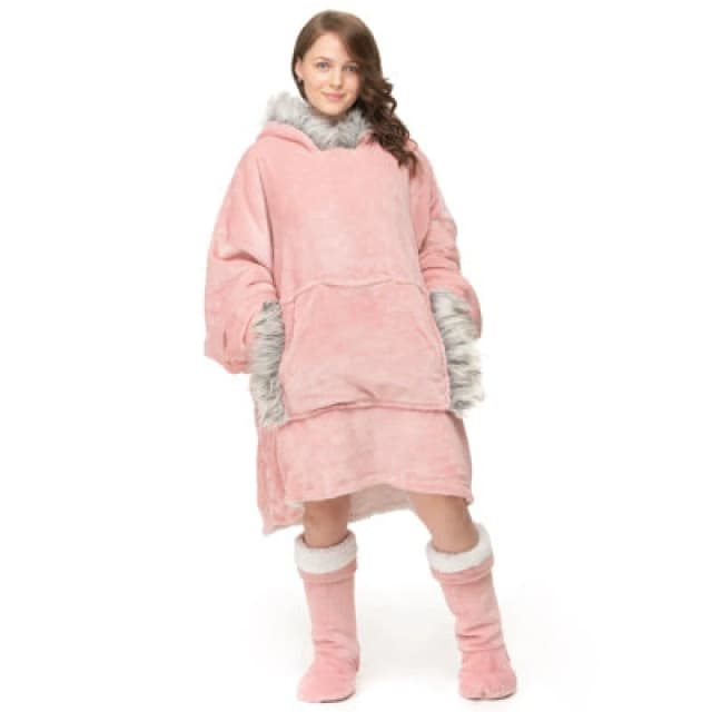 Velosso Fur Trim Oversized Hoodie Blanket One Size Fits All in Pink Pink Unisex One Size