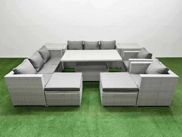 Fimous 9 PCs Rising Dining Table Set Rattan Furniture Set with 3 Seater Sofa in Light Grey Light Grey Unisex