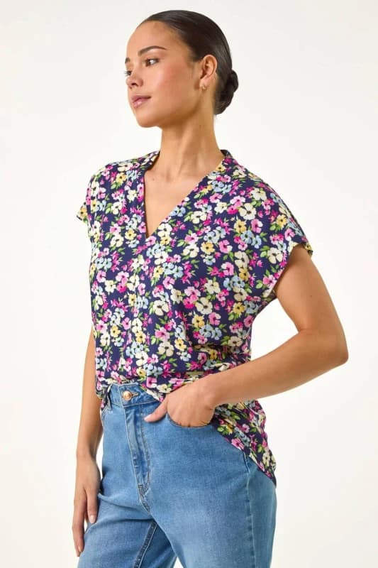 Roman Womens Petite Floral V-Neck Stretch Top in Navy Size: 12 Navy Female 12