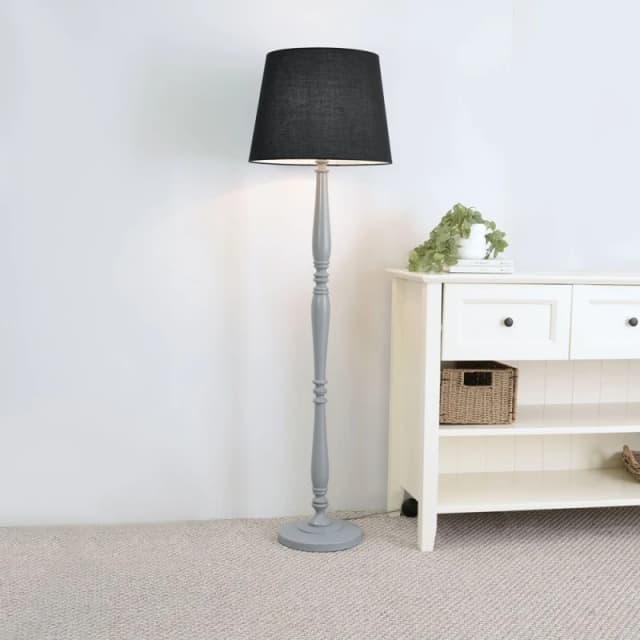 ValueLights Victoria Grey Wood Traditional Stem Floor Lamp with Fabric Tapered Shade Black