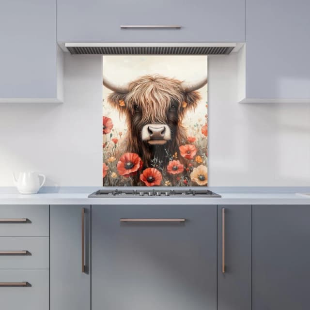 Warren Reed - Designer Highland Cow & Summer Flowers Kitchen Splashback Size: 600mm x 750mm Multicolor Unisex 600mm x 750mm