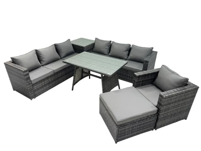 Fimous Garden Rattan Furniture Set 8 Seater with Side Table Big Stool in Dark Grey Dark Grey Unisex