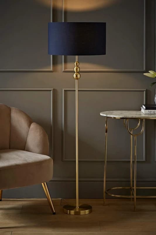 ValueLights ValueLights Marissa Fabric Drum Shade with Brushed Gold Stacked Ball Floor Lamp in Navy Navy One Size Unisex 5059406046414