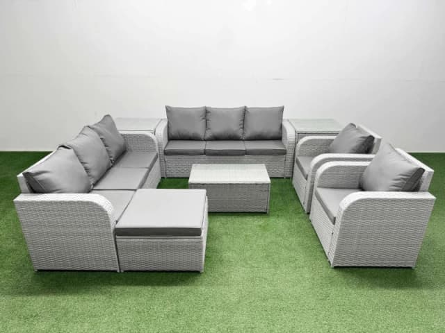 Fimous PE Rattan High Back Lounge Sofa Set Patio Coffee Table & Chairs Set with 3 Seater Sofa Reclining Chair Big Footstool 2 Side Table Light Grey Li