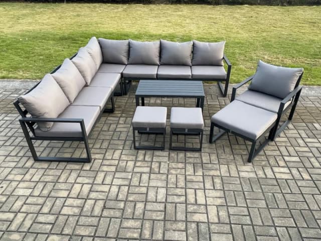 Fimous Aluminium Outdoor Garden Furniture Set Lounge Corner Sofa Oblong Coffee Table Chair Sets with 3 Footstools Dark Grey Dark Grey Unisex