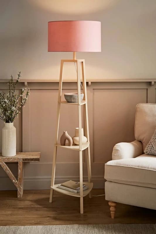ValueLights ValueLights Hiru Painted Cream 3 Tier Wooden Shelf Floor Lamp with Drum Lamp Shade in Pale Pink Pale Pink One Size Unisex 5059406070662