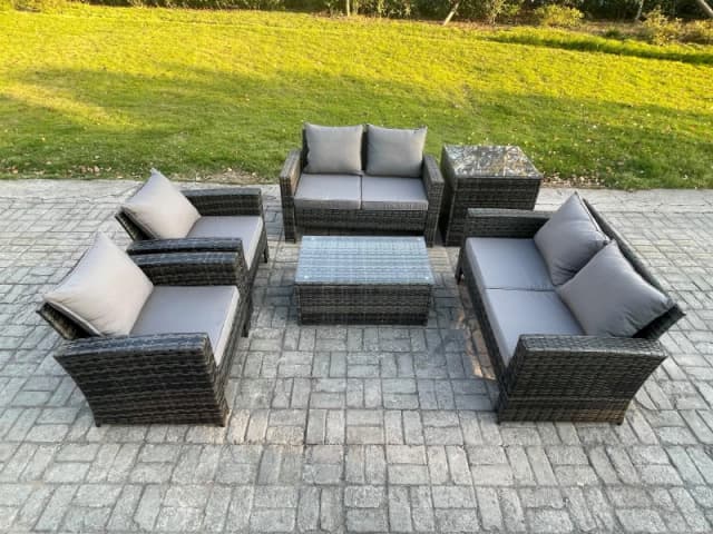 Fimous Garden Furniture Sets 6 Pieces Outdoor Rattan Furniture Manual Wicker Patio Sofa Chair Set with Coffee Table Side Table in Dark Grey Dark Grey