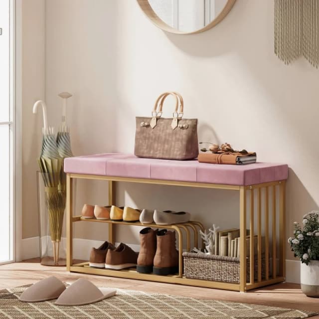 HOMCOM Shoe Storage Bench with Seat Cushion Tufted Shoe Rack Bench in Pink Pink Unisex