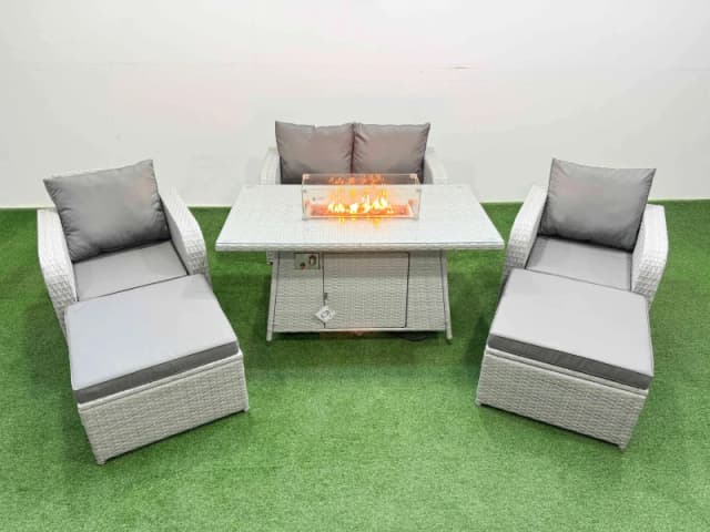 Fimous Light Grey PE Wicker Rattan Garden Furniture Set Sofa Set Reclining Chair Firepit Dining Table 6 Seater 2 Big Stools Light Grey