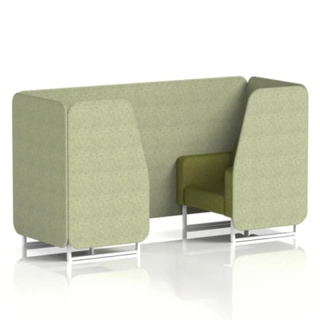 Brixworth 2 Seater Office Booth with Front Panel - White Legs in Rivet Fabric - Burnish Panels and Olive Sofa