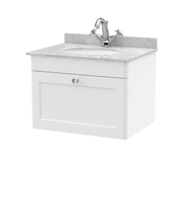 Nuie Classique Wall Hung 1 Drawer Unit & 1 Tap Hole Grey Marble Top With Oval Basin, Stylish Sink Vanity Unit In Satin White With