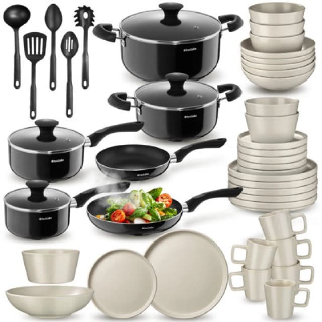Tectake Dinnerware Set For 6 People With Plates, Bowls, Utensils, Pots And Pans - Black/taupe