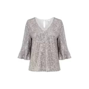 Yumi Silver Sequin Top With Fluted Sleeve - Silver