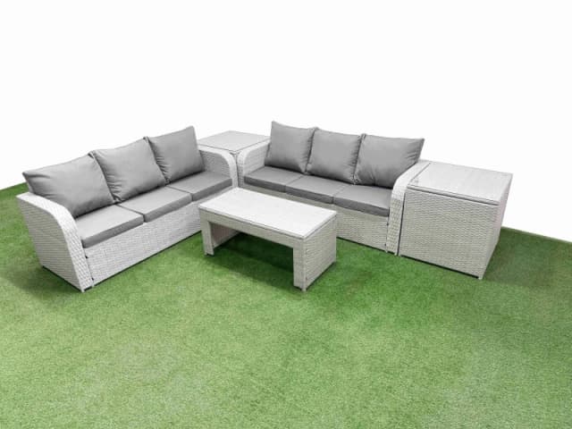 Fimous Outdoor Garden Furniture Sets 6 Seater Wicker Rattan Furniture Sofa Sets with Oblong Coffee Table high Back Lounge Sofa 2 Side Table Light Grey