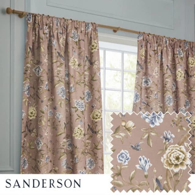 Sanderson Sanderson Porcelain Garden Printed Chenille Room Darkening Pencil Pleat Curtains in Dusty Pink Size: 117cm width x 137cm drop Dusty Pink 1