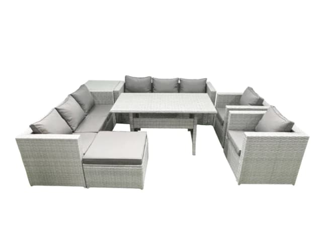 Fimous Rattan Garden Furniture Set Outdoor 8 Seater Patio Dinin g Sofa Sets with Dining Table 2 Chairs Side Table Big Footstool Light Grey Mixed Light
