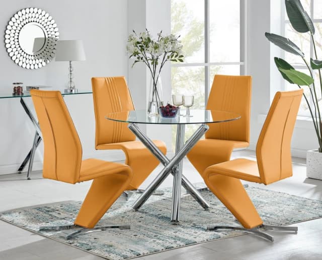 FurnitureboxUK FurnitureboxUK Selina Round Glass And Chrome Metal Dining Table And Luxury Willow Chairs Set in Mustard Size: 2 Person Mustard 2 Pers