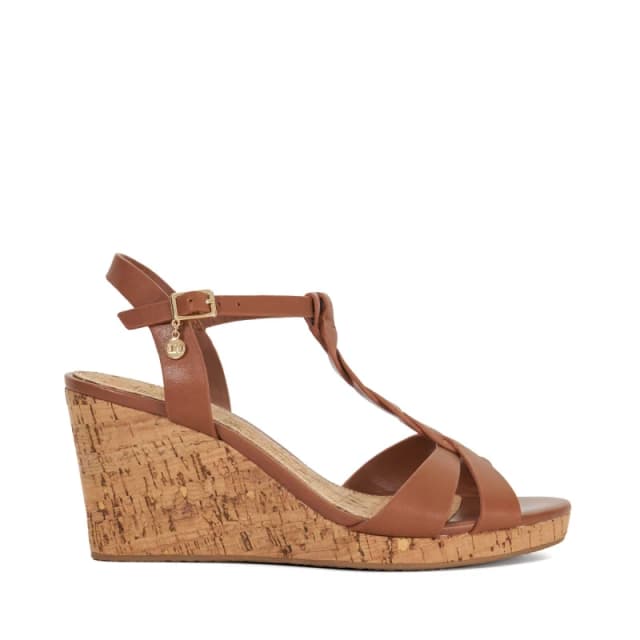 Dune London Koala Tan Plait T Bar Strap Cork Wedge Sandal Brown VS2S5 Female 3,7,8