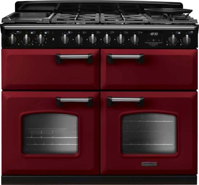 Rangemaster Classic Deluxe CLDLB110DFPBOR/CM1 110cm wide Dual Fuel Range Cooker with Gas Hob - Bordeaux / Chrome - A Rated