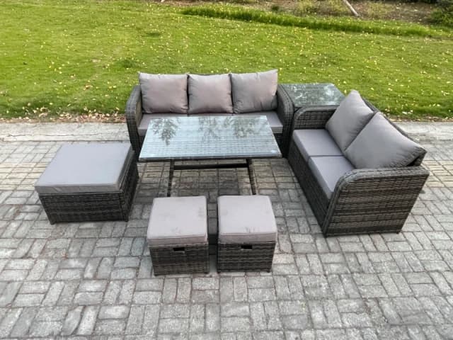 Fimous Rattan Garden Furniture Dining Set 8 seater Patio Rectangular Table 3 Footstools Love Sofa Side Table Dark Grey Mixed Dark Grey