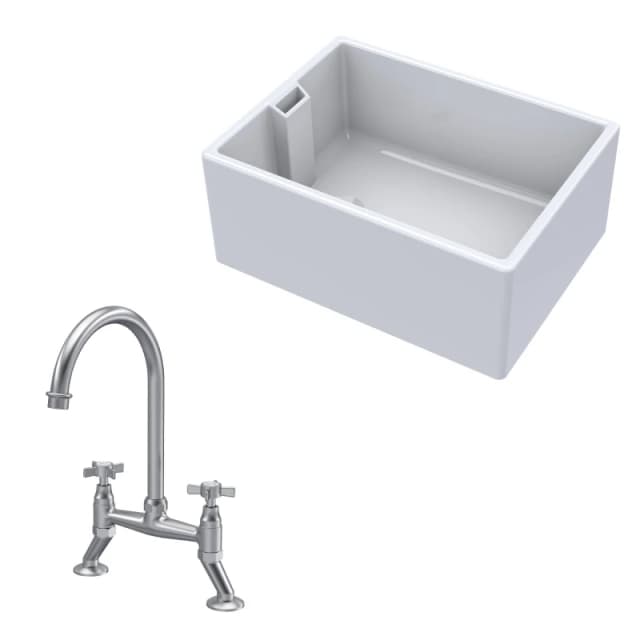 BALTERLEY Balterley - Fireclay Kitchen Bundle - Single Bowl Belfast Sink & Bridge Crosshead Mixer Tap, 615mm - Brushed Nickel BKS222WT9