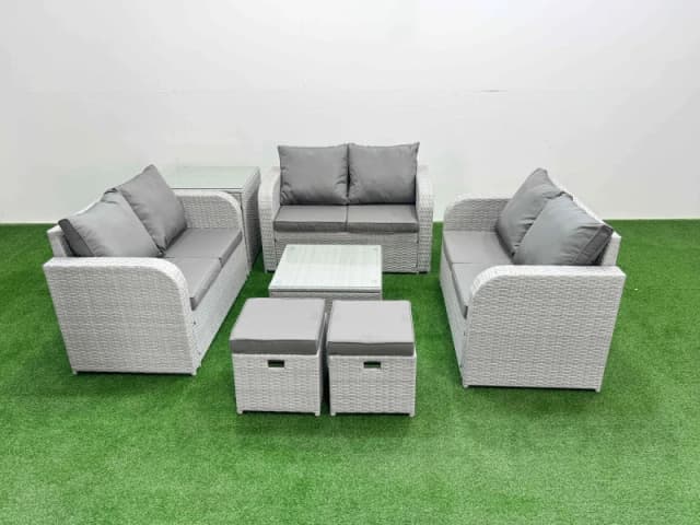Fimous 8 Seater PE Wicker Rattan Furniture Sofa Sets with Square Coffee Table 2 Seater Love Sofa 2 Stool Side Table Light Grey Light Grey
