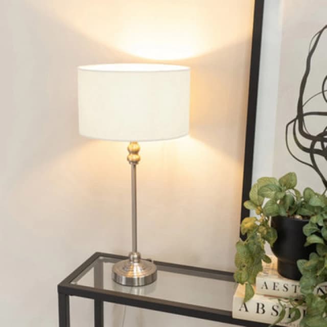 ValueLights Maggie Brushed Chrome Candlestick Slim Table Lamp with Fabric Drum Lamp Shade White