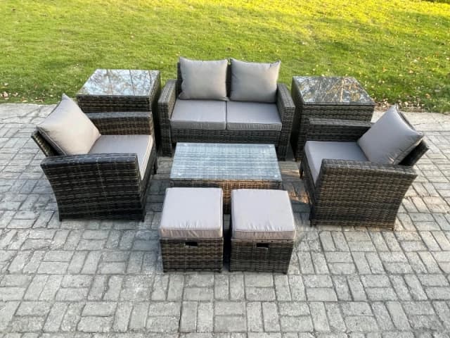 Fimous 6 Seater Dark Grey Outdoor Rattan Garden Furniture Set Patio Lounge Sofa Rectangular Coffee Table with 2 Side Table Dark Grey Unisex