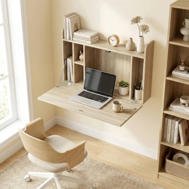 HOMCOM Wall Mounted Table w/ Space Saving Storage Compartments in Light Oak Light Oak Unisex