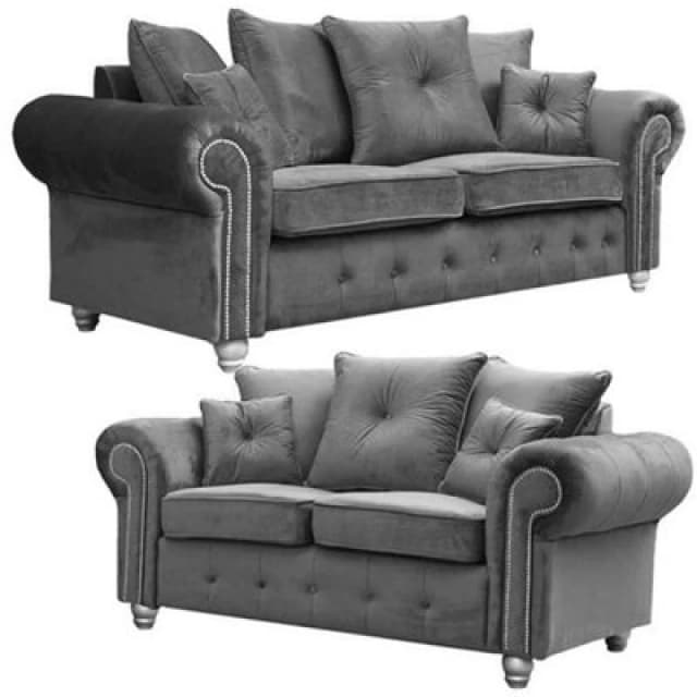 Furnishings For Less UK Zoey Grey Plush Velvet Fabric Sofa Suite 3 Seater And 2 Seater Chesterfield Design