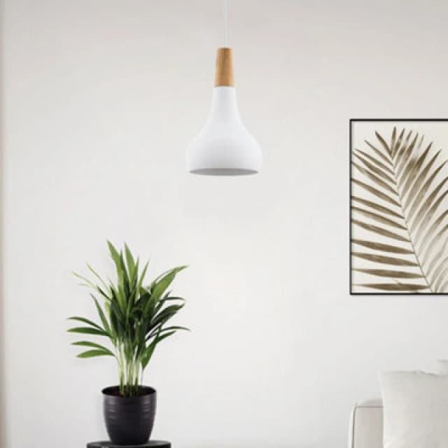 EGLO Eglo Sabinar Metal and Wood Single Pendant Light in White White One Size Unisex 9008606299973