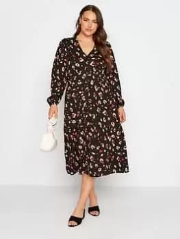 Yours Button Through Dress Black Pink Animal, Black, Size 16, Women