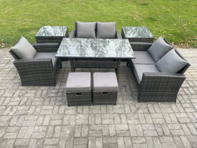 Fimous Outdoor Garden Dining Set Wicker PE Rattan Furniture Sofa with Dining Table Double Seat Sofa 2 Side Tables 2 Small Footstools in Dark Grey Dark