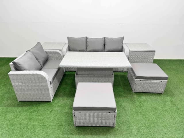 Fimous 7 Seater PE Rattan Wicker Garden Furniture Patio Conservatory Sofa Set with Adjustable Lifting Dining Table 2 Big Footstool 2 Side Table