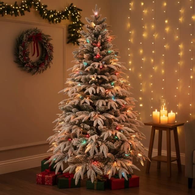 Shatchi 5FT Pre-Lit Lapland Fir Artificial Green Christmas Tree Snow Flocked PE PVC Mixed Tips Hinged Branches Home Snowy Green Unisex 5ft