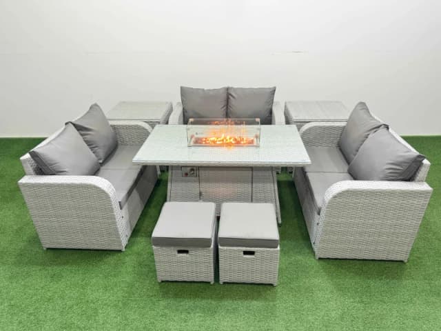 Fimous 8 Seater PE Wicker Rattan Furniture Sofa Sets with Firepit Dining Table 2 Seater Love Sofa 2 Stool 2 Side Table Light Grey Light Grey