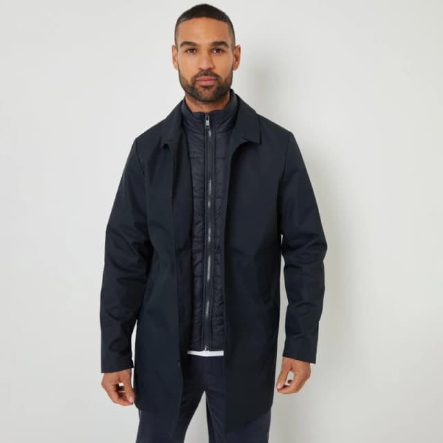 Threadbare Collared Mock Layer Mac Coat Navy