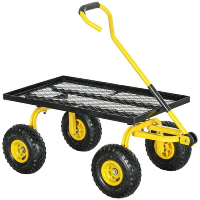Outsunny Trolley Cart with Pneumatic Wheels and Rotating Handle, Yellow Yellow