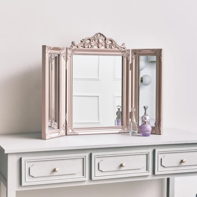 Melody Maison Rose Gold Pink Ornate Dressing Table Triple Mirror Gold