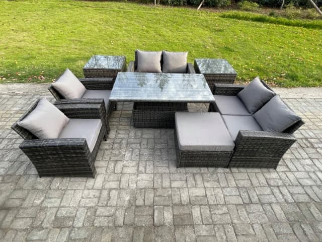 Fimous Rattan Garden Furniture Sets Patio Outdoor Rising Lifting Table Sofa Set with Double Seat Sofa 2 Side Tables Big Footstool in Dark Grey Dark Gr