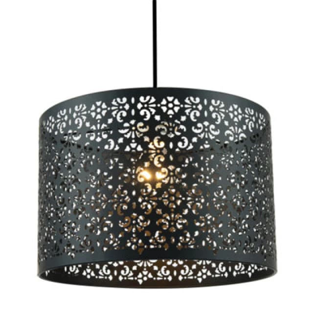 Happy Homewares Moroccan Designed Matte Black Metal Pendant Light Shade With Floral Decoration