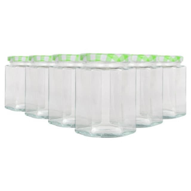 Argon Tableware Hexagonal Glass Jam Jars With Green Gingham Lids - 250ml - Pack Of 6