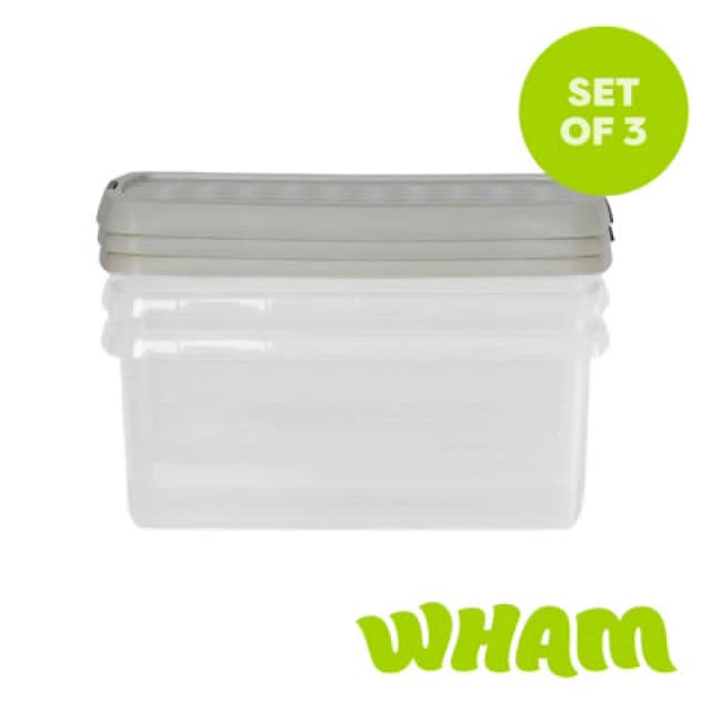 Wham Clip 3X 10.5L Rectangular Plastic Storage Boxes With Clip Lock Lids. Ideal For Home, Office, Toys & More - Clear/stone