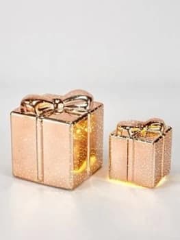 Festive Set Of 2 Glass Parcel Light Up Christmas Decorations - Rose Gold