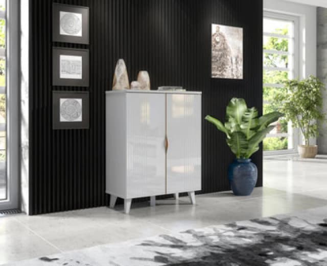 Furneo White 2-Door High Gloss & Matt Sideboard Cabinet Cupboard Unit Azzurro 14 Brushed Gold Handles