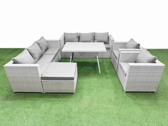 Fimous 9 Seater Garden Furniture Set PE Ratten Garden Sofa Set Big Stool in Light Grey Light Grey Unisex