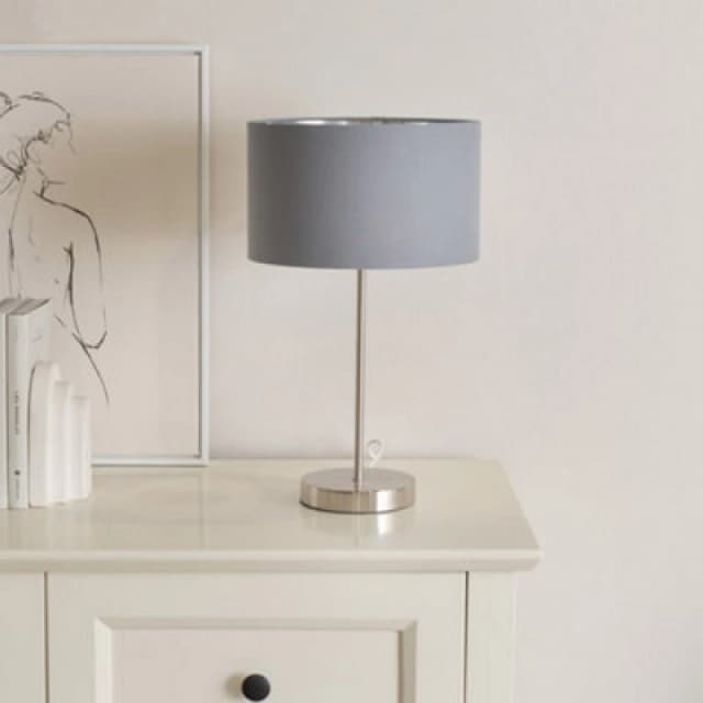 ValueLights ValueLights Charlie Chrome Stem Table Lamp with Fabric Drum with Chrome Inner Lamp Shade in Grey Grey One Size Unisex 5059406060625
