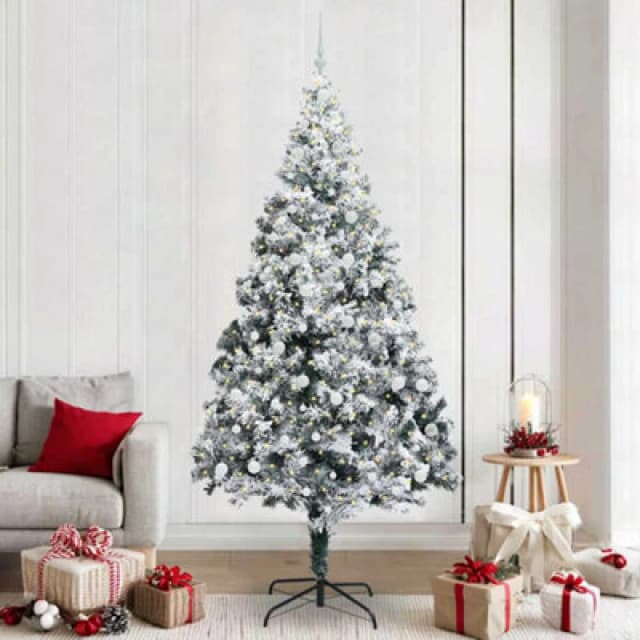 vidaXL Artificial Christmas Tree with 300 LEDs, White Balls with Stand Snow Flocked Green 240 cm, Green 3396983