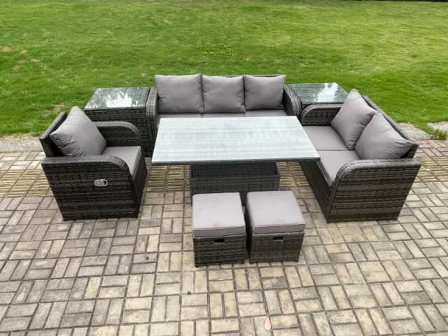 Fimous Rattan Outdoor Furniture Garden Dining Set Patio Height Adjustable Rising lifting Table Reclining Chair Sofa With 2 Small Footstools Dark Grey