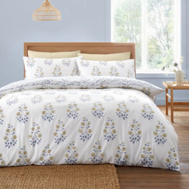 Bianca Eloise Floral 230 Thread Count Cotton Reversible Duvet Cover Set With Pillowcases Blue